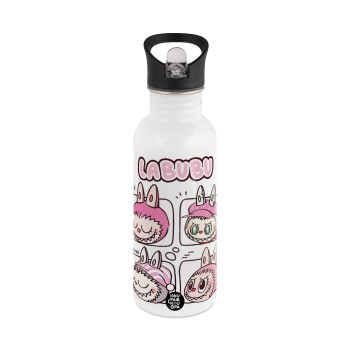 Labubu pink, White water bottle with straw, stainless steel 600ml