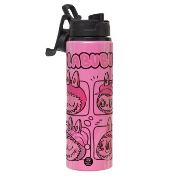Labubu pink, Μεταλλικό παγούρι νερού με καπάκι ασφαλείας, αλουμινίου 850ml