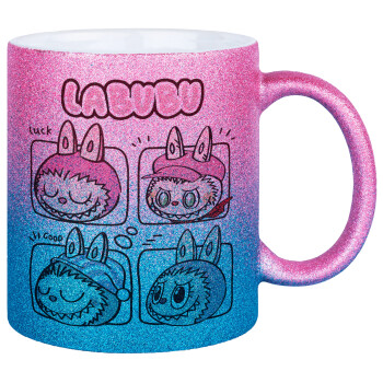 Labubu pink, Κούπα Χρυσή/Μπλε Glitter, κεραμική, 330ml