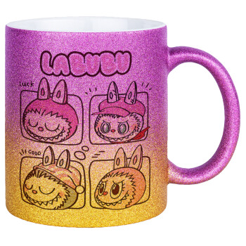 Labubu pink, Κούπα Χρυσή/Ροζ Glitter, κεραμική, 330ml