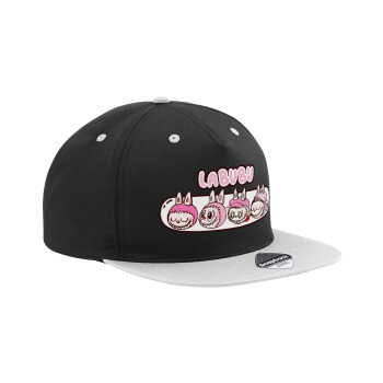 Labubu pink, Adult Flat Snapback Hat Black/Grey, (100% COTTON TWILL, ADULT, UNISEX, ONE SIZE)