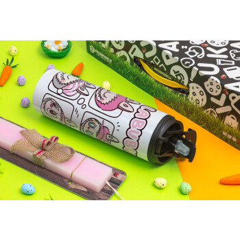 Labubu pink, Πασχαλινή Λαμπάδα με Travel Tumbler θερμό με διπλό καπάκι (600ml, BPA free) & κερί αρωματικό πλακέ (30cm) (ΡΟΖ)