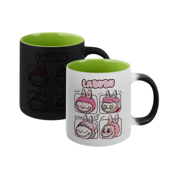 Labubu pink, Κούπα Μαγική εσωτερικό πράσινο, κεραμική 330ml που αλλάζει χρώμα με το ζεστό ρόφημα