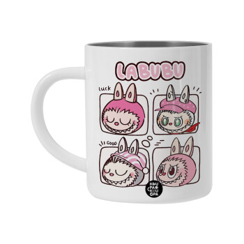 Labubu pink, Λευκή Ανοξείδωτη Μεταλλική Κούπα 450ml - Διπλού Τοιχώματος 