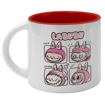 Labubu pink, Κούπα κεραμική 400ml Λευκή/Κόκκινη