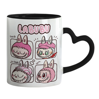 Labubu pink, Mug heart black handle, ceramic, 330ml