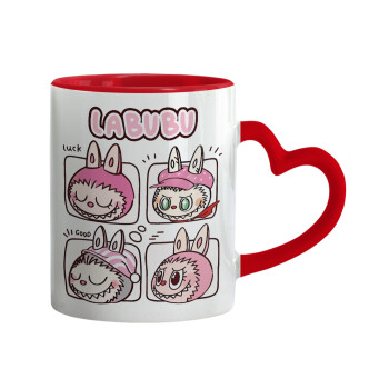 Labubu pink, Κούπα καρδιά χερούλι κόκκινη, κεραμική, 330ml