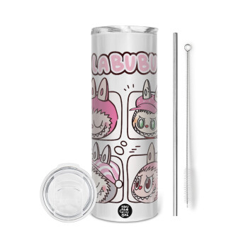 Labubu pink, Tumbler ποτήρι θερμό από ανοξείδωτο ατσάλι 600ml, με μεταλλικό καλαμάκι & βούρτσα καθαρισμού