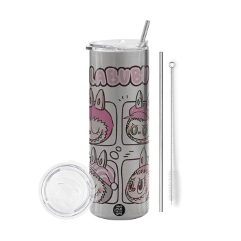 Labubu pink, Tumbler ποτήρι θερμό Ασημένιο από ανοξείδωτο ατσάλι 600ml, με μεταλλικό καλαμάκι & βούρτσα καθαρισμού