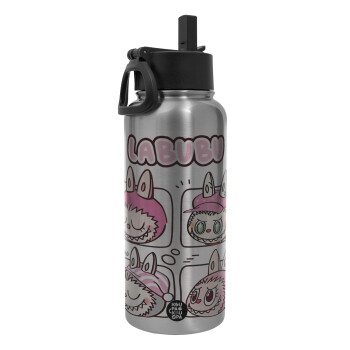 Labubu pink, Metal mug thermo Silver with Straw and Spout Lid (Stainless steel), double wall, 950ml