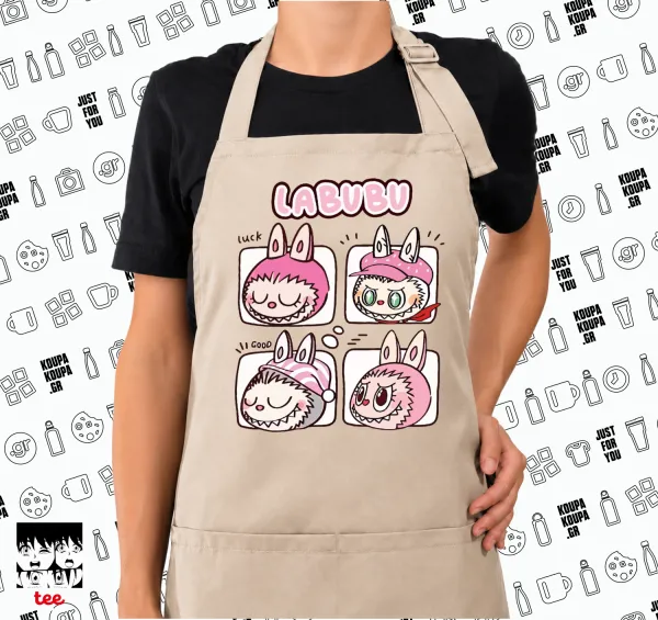 Labubu pink — SAND long full-length chef's cooking apron with pockets (adult, sand, one size)