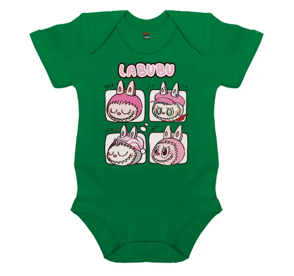 Labubu pink — Short-sleeve baby bodysuit, GREEN, 100% organic cotton