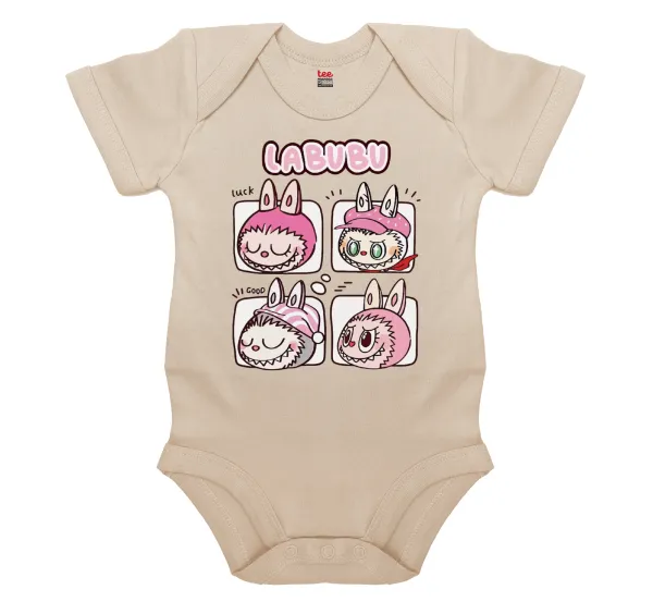 Labubu pink — Βρεφικό φορμάκι μωρού, 0-18 μηνών, Natural, 100% Organic Cotton, κοντομάνικο