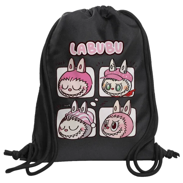 Labubu pink — Τσάντα πλάτης πουγκί GYMBAG Μαύρη, με τσέπη (40x48cm) & χονδρά κορδόνια