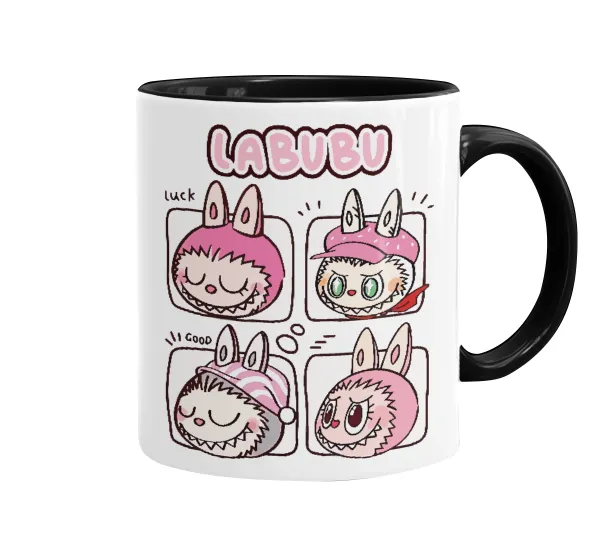 Labubu pink — Κούπα χρωματιστή μαύρη, κεραμική, 330ml