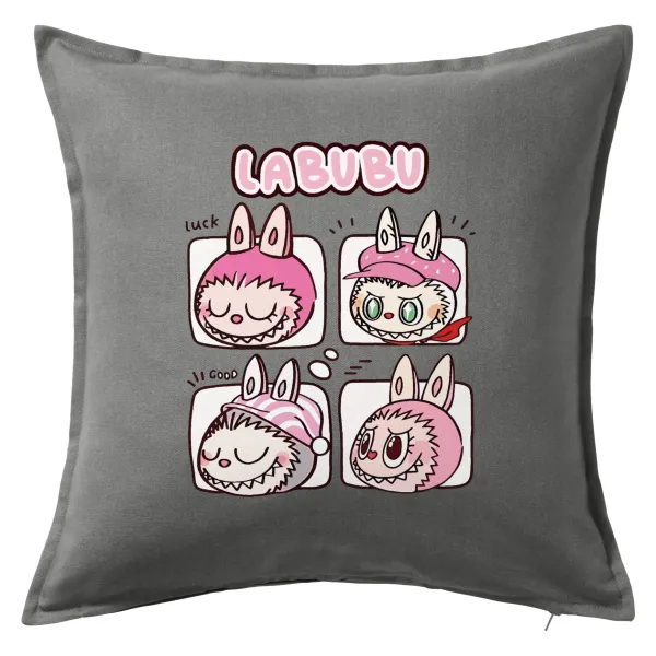 Labubu pink — Μαξιλάρι καναπέ Γκρι 100% βαμβάκι, περιέχεται το γέμισμα (50x50cm)