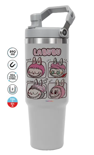 Labubu pink — ΓΚΡΙ Travel Tumbler Θερμός με χερούλι και καλαμάκι 890ml