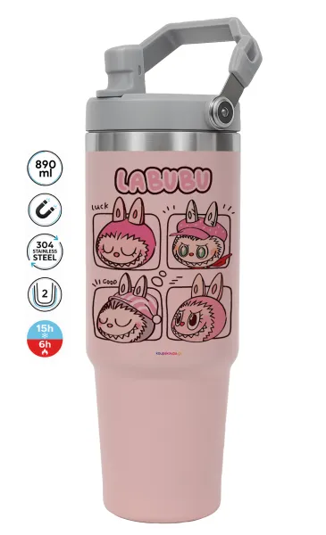 Labubu pink — ΡΟΖ Travel Tumbler Θερμός με χερούλι και καλαμάκι 890ml
