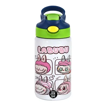 Labubu pink, Children's hot water bottle, stainless steel, with safety straw, green, blue (350ml)