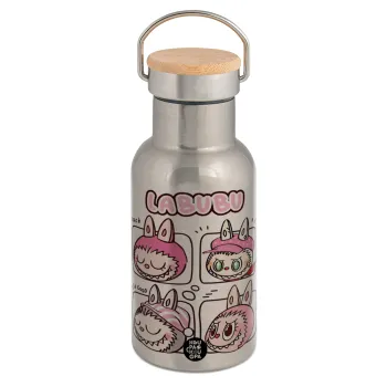 Labubu pink, Μεταλλικό παγούρι θερμός (Stainless steel) Ασημένιο με ξύλινο καπακι (bamboo), διπλού τοιχώματος, 350ml
