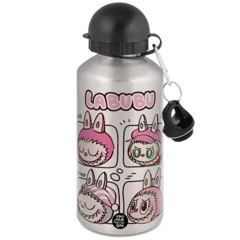 Labubu pink, Μεταλλικό παγούρι νερού, Ασημένιο, αλουμινίου 500ml