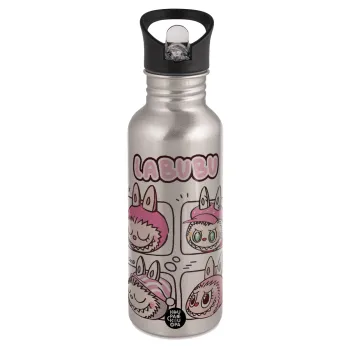 Labubu pink, Water bottle Silver with straw, stainless steel 600ml