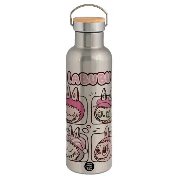 Labubu pink, Stainless steel Silver with wooden lid (bamboo), double wall, 750ml
