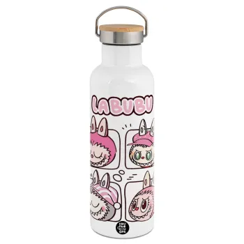 Labubu pink, Stainless steel White with wooden lid (bamboo), double wall, 750ml