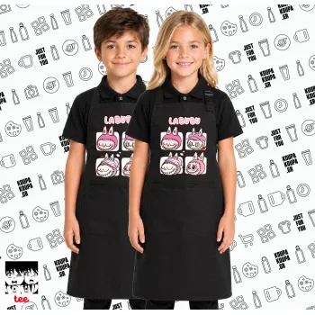 Labubu pink, Μαύρη ΠΑΙΔΙΚΗ Ποδιά μακριά Σεφ ολόσωμη με τσέπες