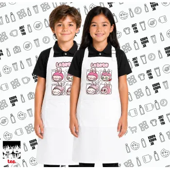 Labubu pink, Λευκή ΠΑΙΔΙΚΗ Ποδιά μακριά Σεφ ολόσωμη με τσέπες