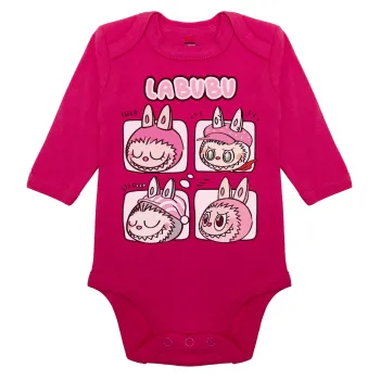 Labubu pink, Μακρυμάνικο βρεφικό φορμάκι, 0-18 μηνών, ΡΟΖ, 100% Organic Cotton