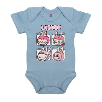 Labubu pink, Βρεφικό φορμάκι μωρού, 0-18 μηνών, Μπλε, 100% Organic Cotton, κοντομάνικο