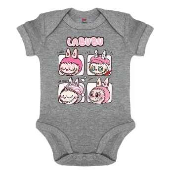 Labubu pink, Βρεφικό φορμάκι μωρού, 0-18 μηνών, ΓΚΡΙ ΜΕΛΑΝΖΕ, 100% Organic Cotton, κοντομάνικο