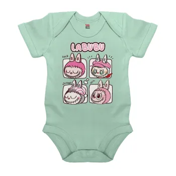 Labubu pink, Βρεφικό φορμάκι μωρού, 0-18 μηνών, mint (Μέντα), 100% Organic Cotton, κοντομάνικο