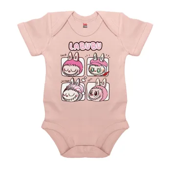 Labubu pink, Βρεφικό φορμάκι μωρού, 0-18 μηνών, ΡΟΖ POWDER, 100% Organic Cotton, κοντομάνικο