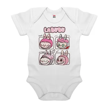 Labubu pink, Βρεφικό φορμάκι μωρού, 0-24 μηνών, ΛΕΥΚΟ, 100% Organic Cotton, κοντομάνικο