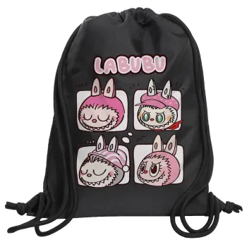 Labubu pink, Τσάντα πλάτης πουγκί GYMBAG Μαύρη, με τσέπη (40x48cm) & χονδρά κορδόνια