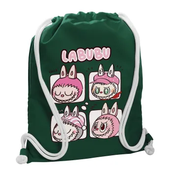 Labubu pink, Τσάντα πλάτης πουγκί GYMBAG BOTTLE GREEN, με τσέπη (40x48cm) & χονδρά λευκά κορδόνια