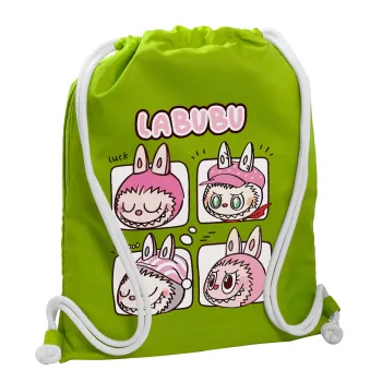 Labubu pink, Τσάντα πλάτης πουγκί GYMBAG LIME GREEN, με τσέπη (40x48cm) & χονδρά κορδόνια