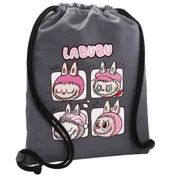 Labubu pink, Τσάντα πλάτης πουγκί GYMBAG ΓΚΡΙ, με τσέπη (40x48cm) & χονδρά κορδόνια