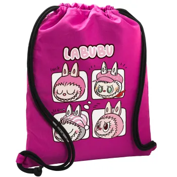 Labubu pink, Τσάντα πλάτης πουγκί GYMBAG Φούξια, με τσέπη (40x48cm) & χονδρά κορδόνια