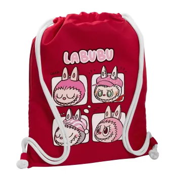 Labubu pink, Τσάντα πλάτης πουγκί GYMBAG Κόκκινη, με τσέπη (40x48cm) & χονδρά κορδόνια