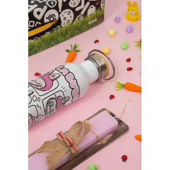 Labubu pink, Πασχαλινή Λαμπάδα με παγούρι μεταλλικό (620ml, stainless steel) & κερί αρωματικό πλακέ (30cm) (ΡΟΖ)