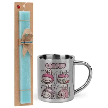 Labubu pink, Easter Set, metallic thermal cup (300ml) & aromatic flat Easter candle (30cm) (TURQUOISE)