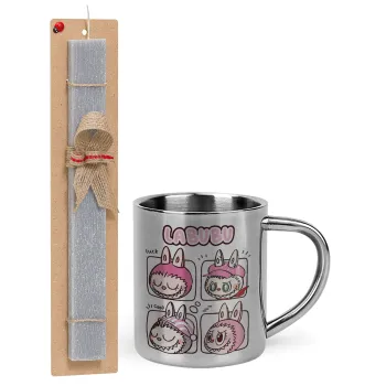 Labubu pink, Πασχαλινή Λαμπάδα με μεταλλική κούπα θερμό (300ml) & κερί αρωματικό πλακέ (30cm) (ΓΚΡΙ)