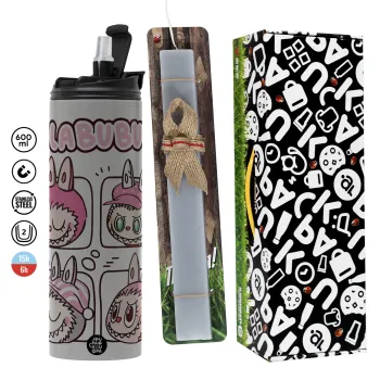 Labubu pink, Πασχαλινή Λαμπάδα με Travel Tumbler θερμό (600ml, BPA free) & κερί αρωματικό πλακέ (30cm) (ΓΚΡΙ)