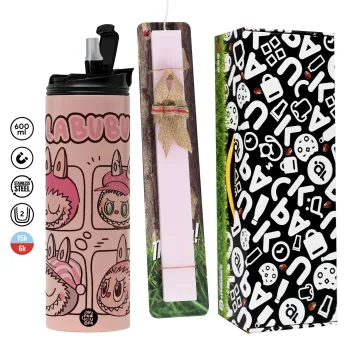 Labubu pink, Easter candle,Travel Tumbler 2 Lids, with metal straw & cleaning brush & aromatic flat candle (30cm) (PINK)