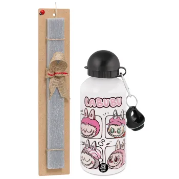 Labubu pink, Easter Set, metallic aluminum water bottle (500ml) & aromatic flat Easter candle (30cm) (GRAY)