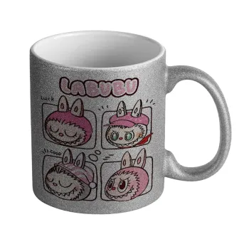 Labubu pink, Κούπα Ασημένια Glitter που γυαλίζει, κεραμική, 330ml