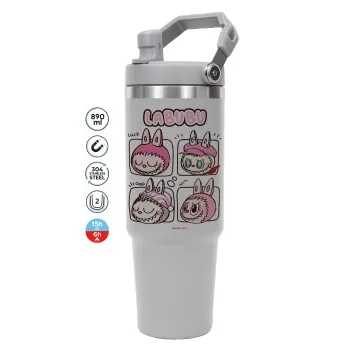 Labubu pink, ΓΚΡΙ χρώματος Θερμός Ανοξείδωτο 890ml (30oz) με χερούλι